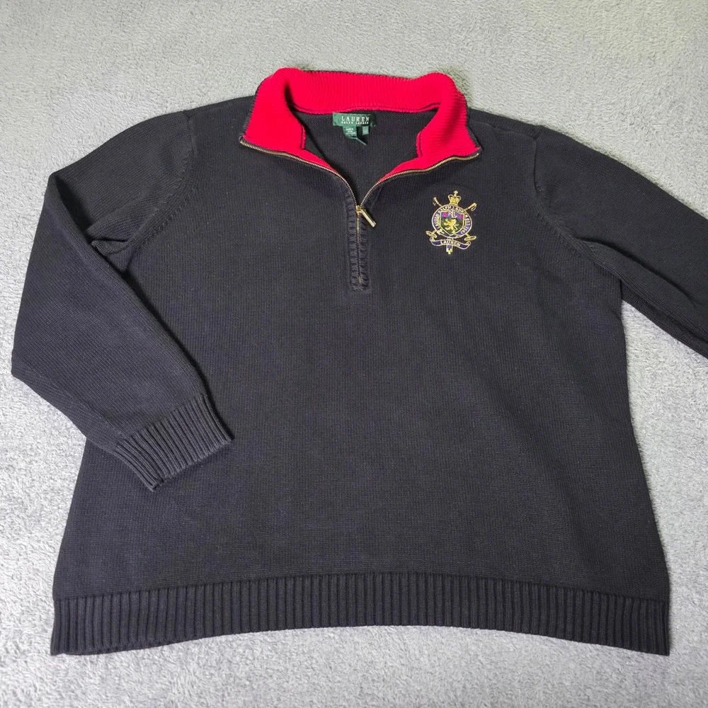 Lauren Ralph Lauren Womens 2X Sweater Navy Blue Quarter Zip Crest Cotton Knit